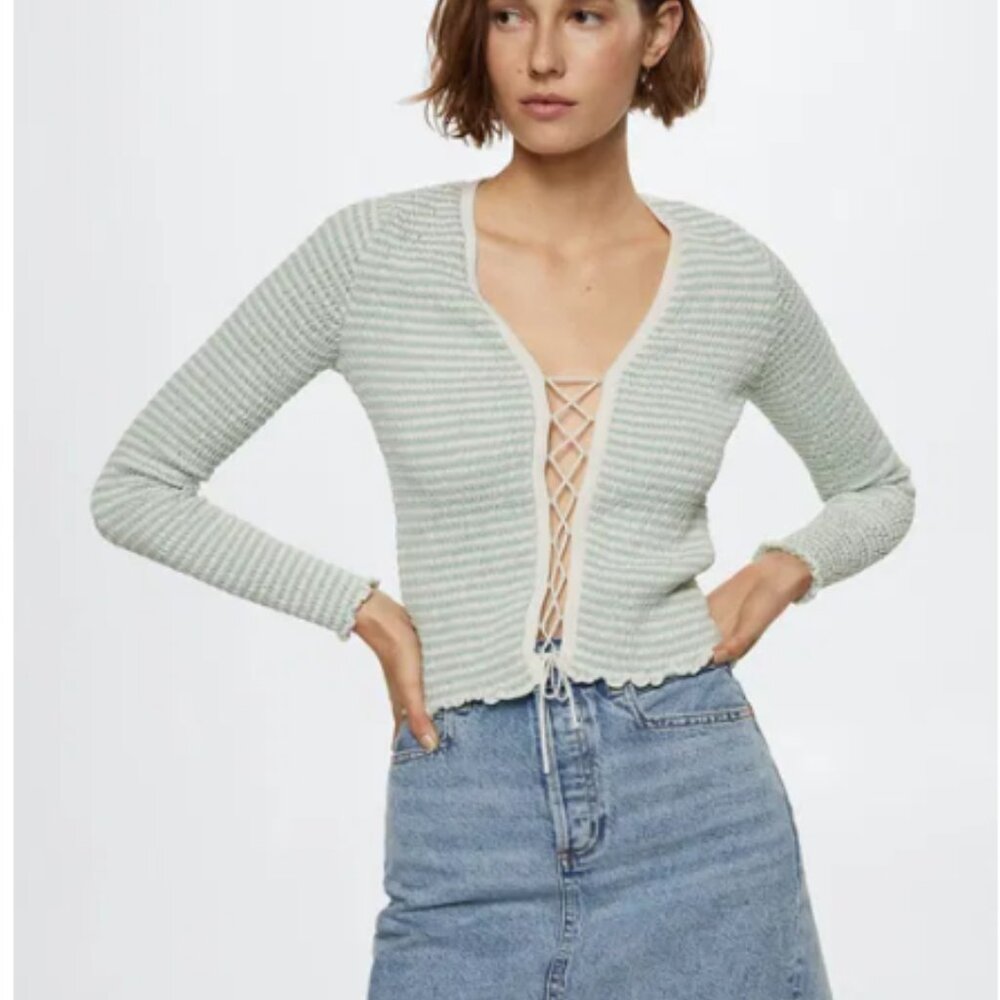 Mango Light Mint Striped Knit Cardigan